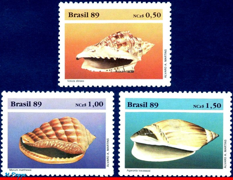 2205-07 BRAZIL 1989 CONCHS, MOLLUSCS, SHELLFISH, MARINE LIFE, MI# 2318-20, MNH