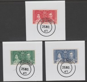 CEYLON 1937 CORONATION set of 3 on pieces with MADAME JOSEPH  POSTMARK