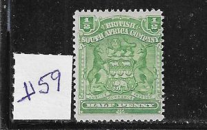 RHODESIA SCOTT #59 1898-1908 COAT OF ARMS 1/2P (GREEN ) - MINT LIGHT HINGED