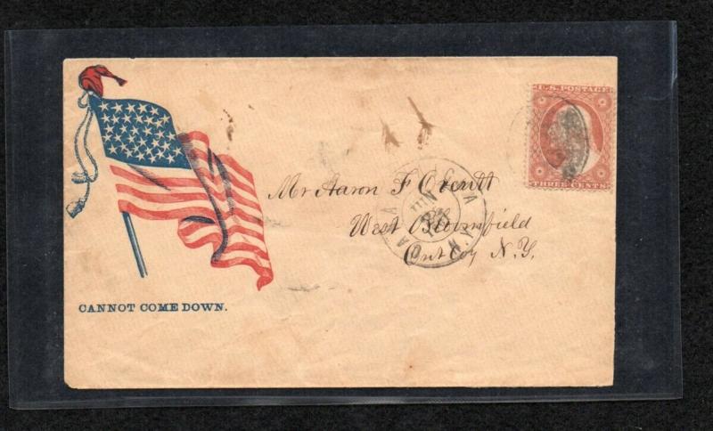 #26  1857 3c Wast'n on CLEAR colorful CIVIL WAR PATRIOTIC COVER