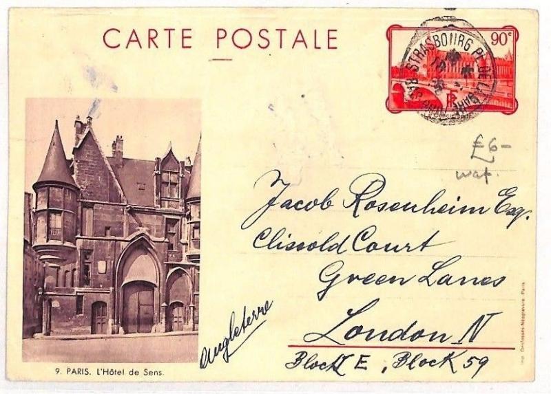 FRANCE Stationery Card Strasbourg Paris HOTEL D'SENS PPC 1935{samwells}BF90