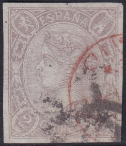 Spain 1865 Sc 72 used cartwheel and red date cancels