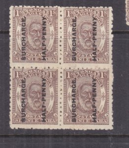 TONGA, 1894 1/2d. on 1s. Brown, SMALL F,  block of 4 with 3 normal, mint no gum.