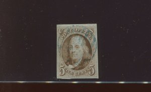 1 Franklin  Imperf Used Stamp with Blue Cancel (1-A24)