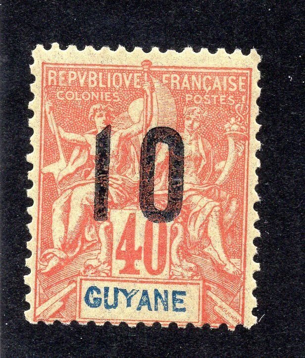 French Guiana 1912 10c on 40c Wide-Spacing Surcharge, Scott 92b MH, value = $140