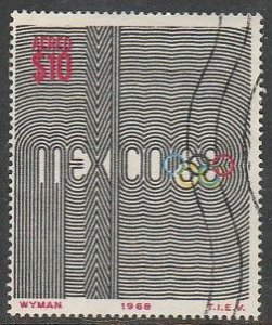 MEXICO C344, $10Pesos 1968 Olympics, Mexico City SINGLE USED. F-VF. (1239)