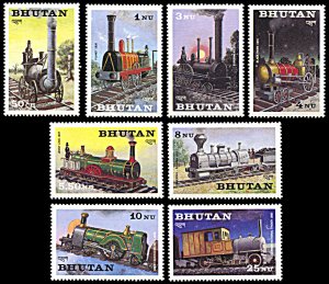 Bhutan 420-427, MNH, 19th Century Locomotives