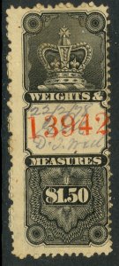 CANADA REVENUES 1876 QV $1.50 CROWN Weights and Measures VDM FWM11 VFU