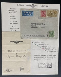 1934 Lahore India First Flight Airmail Cover To Leicester England With Letter