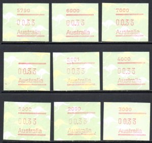 AUSTRALIA LOT OF 9, OCTOBER 1985 MNH BIN $5.00 ANIMAL