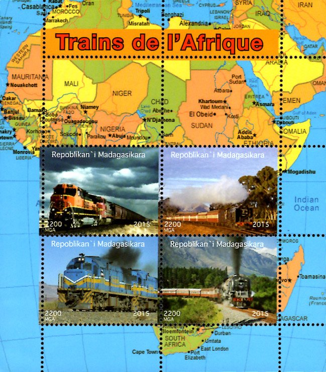 Madagascar 2015 African Trains Railways Transports Maps 4v MNH S/S. (#056)