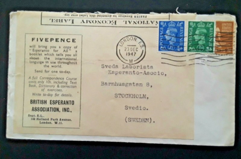 1947 London To Stockholm Sweden British Esperanto Assoc Advertisement Cover  