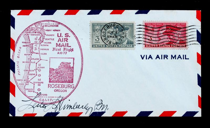 US Stamp Sc# 985 & 998 First Flight Cover ROSEBURG Oregon AM-77 Signed by PM.