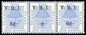 Orange Free State 1900 6d on 6d strip of 3 shows 6 OMITTED vfm. SG 109,109b.