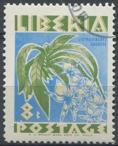 Liberia Sc#352 Used, 8c yel grn, buff & bl, Flowers (1955) (1955)