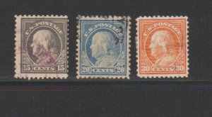 US 514,515,516 Washington Franklin Issue, 15c 20c 30c, Perf 11, Used