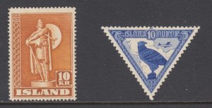 Iceland Sc 231, C3 MLH. 1945 10k Statue, 1930 10a Gyrfalcon, fresh, LH, VF.