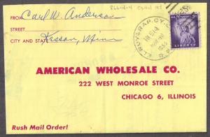 3c LIBERTY #1035 Wet on FOLDED MAILER RPO USAGE Chicago NW 1955 highly unusual!