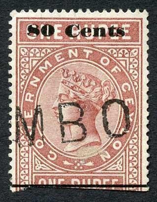 Ceylon QV SGT92 80c on 1r Red-brown Telegraph Stamp Wmk Crown CA (Narrow) 