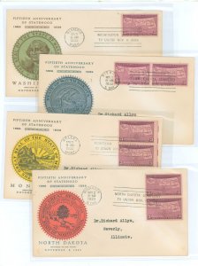 US 858 1939 3c Fiftieth anniversary of four states on four first day covers with State Capital cancels from SD, ND, MT & WA & ma