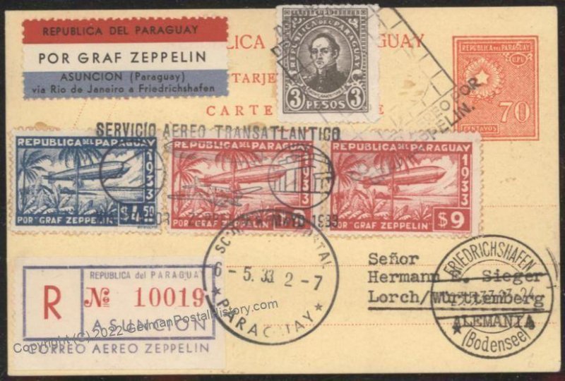 Paraguay 1933 Graf Zeppelin 1.SAF South America Flight Mi298 Germany Cove 109259