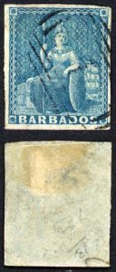 Barbados SG10 1855 1d Deep Blue on White Paper Four Margins Cat 60