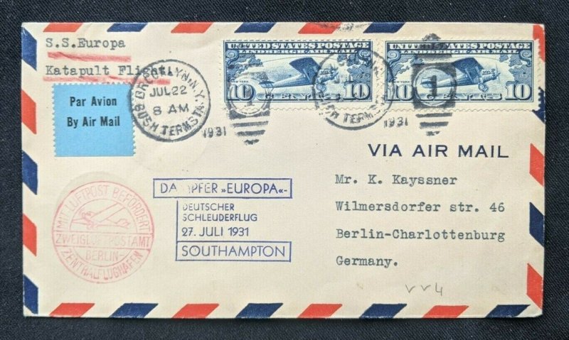 1931 Brooklyn New York USA Catapult Air Mail Cover SS Europa to Berlin Germany