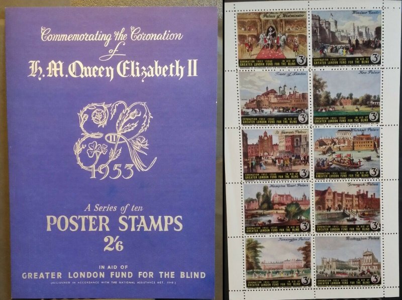 1953 Cinderella Poster Coronation of QE II Stamps London Fund for Blind 2/6d