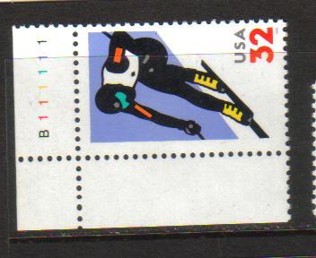 #3180 MNH plate # single 32c Winter Sports Skiing 1998 Issue