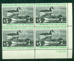 US #RW43 $5.00 Canada Geese, Plate No. Block of 4 NH XF, Scott $50.00