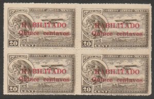 MEXICO C39, 15¢ on 20¢ Early Air Mail Habilitado surch. MINT NH BLK 4 VF (184)