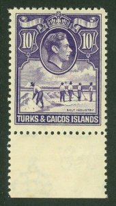 SG 205 Turks & Caicos 1938-45. 10/- bright violet. Unmounted mint CAT £32