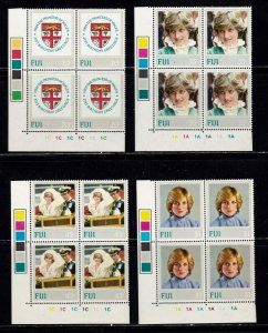 Fiji stamps #470 - 473, corner blocks, MNH OG,  Princess Di, Royal Wedding