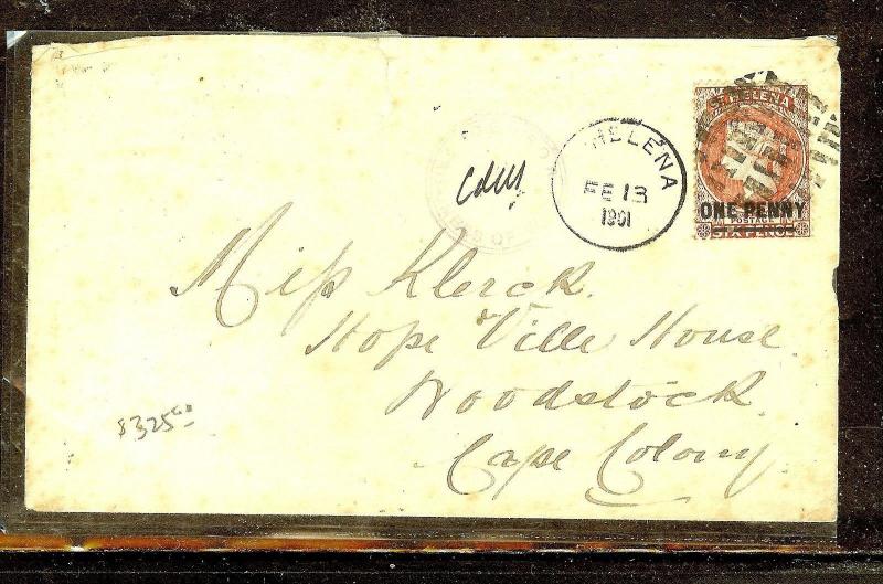 ST HELENA (P0210B) QV 1D 1901 CENSORED BOER WAR COVER TO SOUTH AFRICA