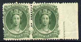 Nova Scotia 1863 QV 8.5c green marginal pair with part im...