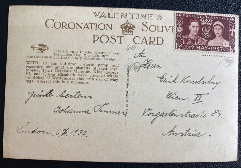 1937 London England Postcard cover To Austria King George VI Coronation Souvenir
