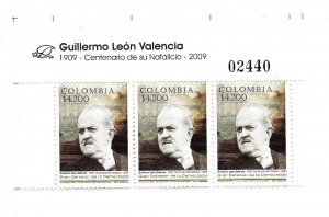 COLOMBIA 2009 CENTENARY OF BIRTH OF GUILLERMO LEON VALENCIA ROW OF 3 VALUES MNH