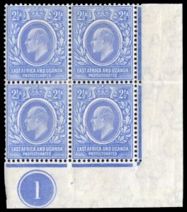 East Africa and Uganda #20 Cat$40+, 1904 2 1/2a blue, plate block of four, hi...