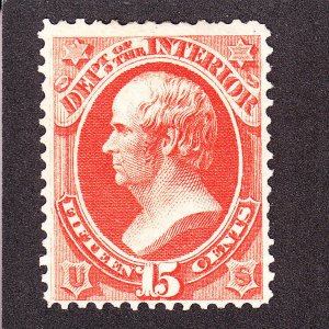 US O21var 15c Interior Department Mint F-VF OG H w/ Double Transfer at L SCV$275