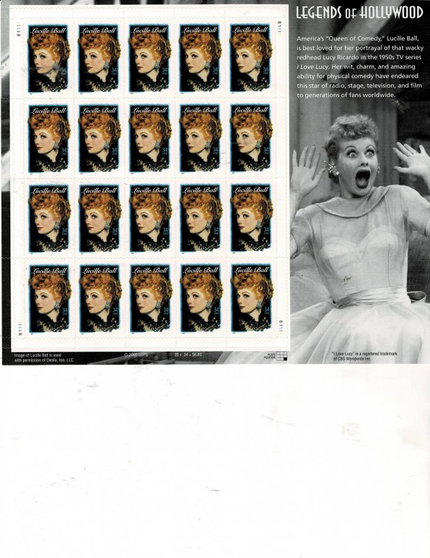 Lucille Ball Hollywood Actress 34c US Postage Sheet #3523 VF MNH