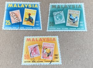 Malaysia 1967 Stamp Centenary birds, used. Scott 48-50, CV $7.75. SG 48-50