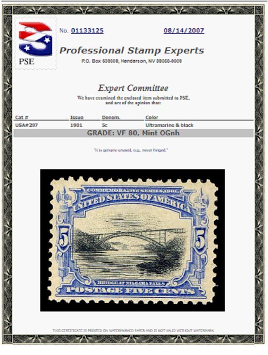 US Scott #297, PSE Graded 80 Cert, VF, Mint, OG, Never Hinged, SMQ $200