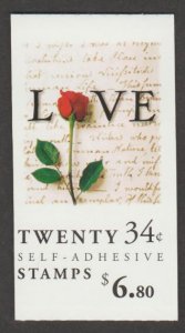 U.S. Scott #3498a-3498b BK285 Love Letter Rose Stamp - Mint NH Booklet