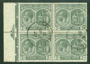 SG 27 St Kitts Nevis 1920-22. 2d slate grey. Very fine used marginal block of 4