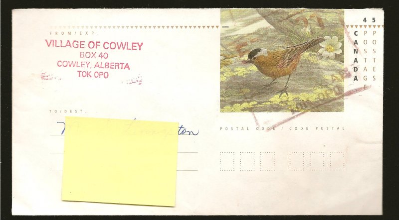 Canada Gray Crowned Rosy Finch 45Cent Pre-stamped #8 Envelope Used