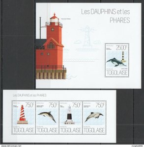 2013 Togo Fauna Marine Life Lighthouses Dolphins Dauphins Phares Kb+Bl ** Tg642