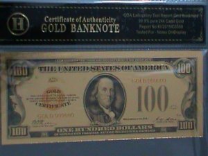 ​UNITED STATES-1928 CAT.#403- 24 KARAT GOLD REPLICA $100  -VF WITH CERTIFICATE