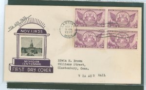 US 775 1935 3c michigan centennial, block of 4 on an addressed, typed first day cover with an ioor cachet