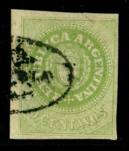 ARGENTINA 1863  Seal of the Republic  10c yellow green  Sc# 7F  used - Fine