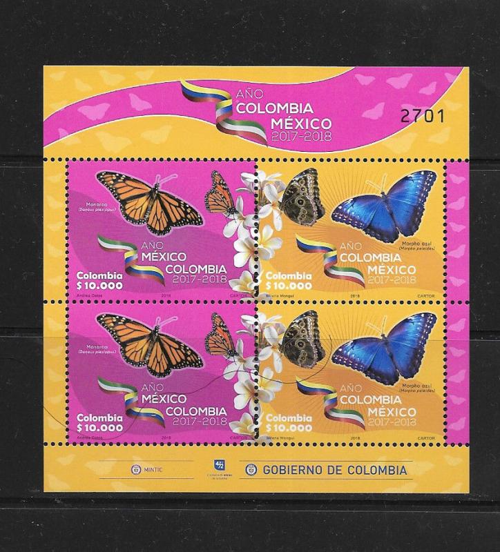 RO) 2018 COLOMBIA, COLOMBIA MEXICO UNION OF TWO NATIONS- JOINT ISSUE- BUTTERFLIE